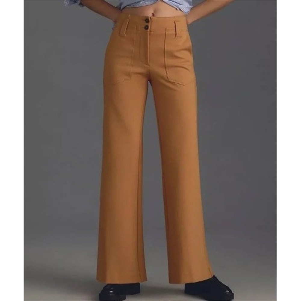Maeve Anthropologie Naomi Wide-Leg Ponte Pants Tan Size 8 Stretch Comfort Good
